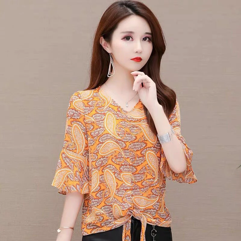 Женская шифоновая блузка с цветочным принтом и V-образным вырезом | одежда