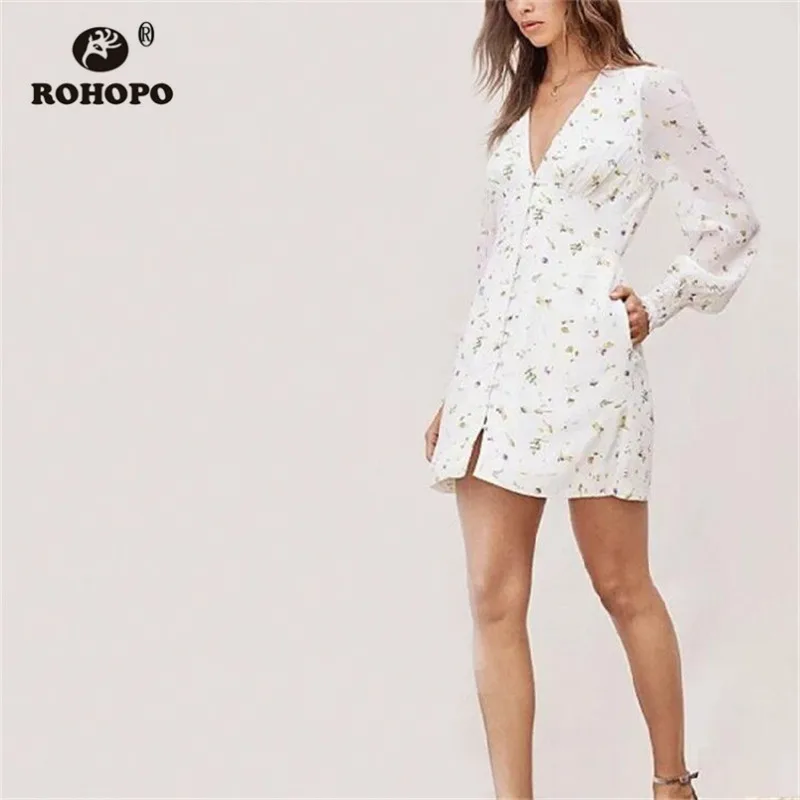 ROHOPO лавандовое цветочное Двухслойное прямое белое мини-платье с длинным рукавом