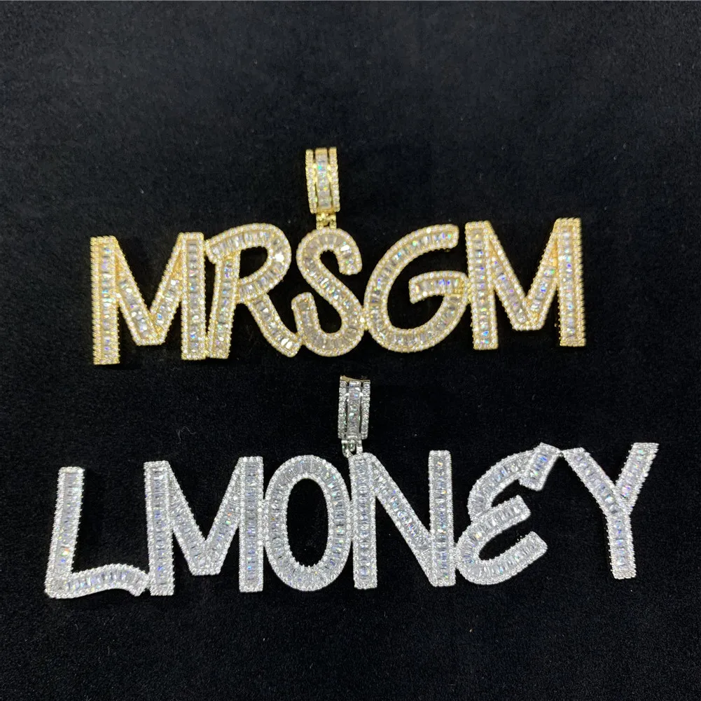 Обычай имя багет буквы хип хоп ледяной кулон цепь золото серебро Bling циркония