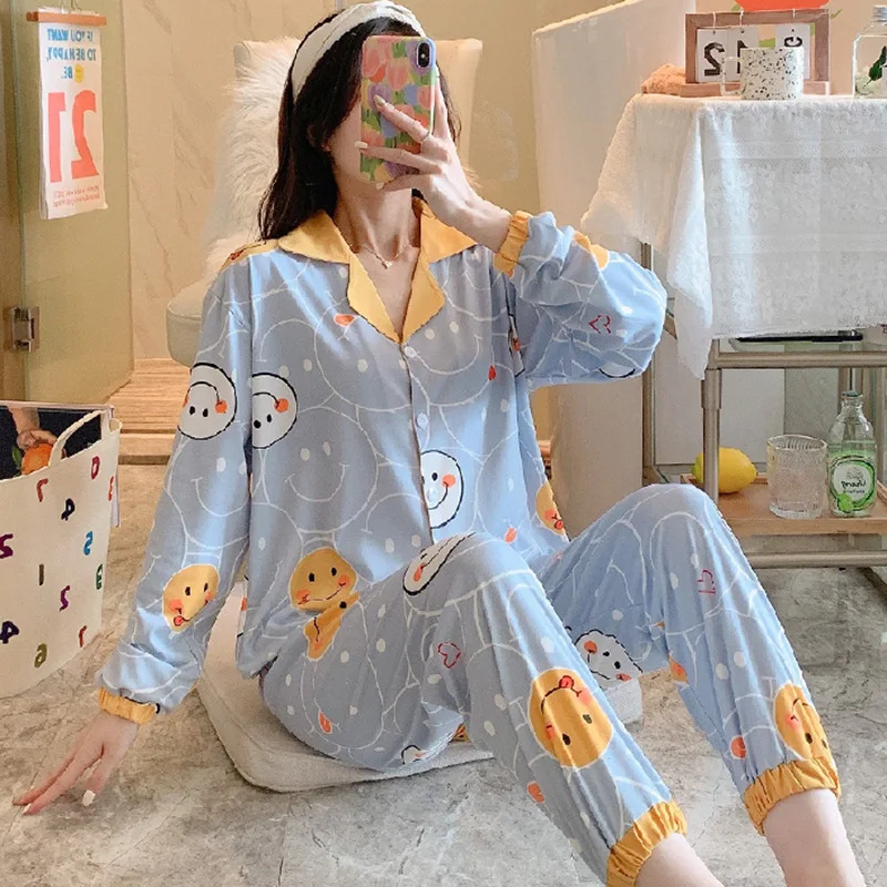Women's Pajamas Set Long-sleeved Cartoon Cardigan Autumn and Winter Women Home Service Suit Clothes Sleepwear pijama feminino