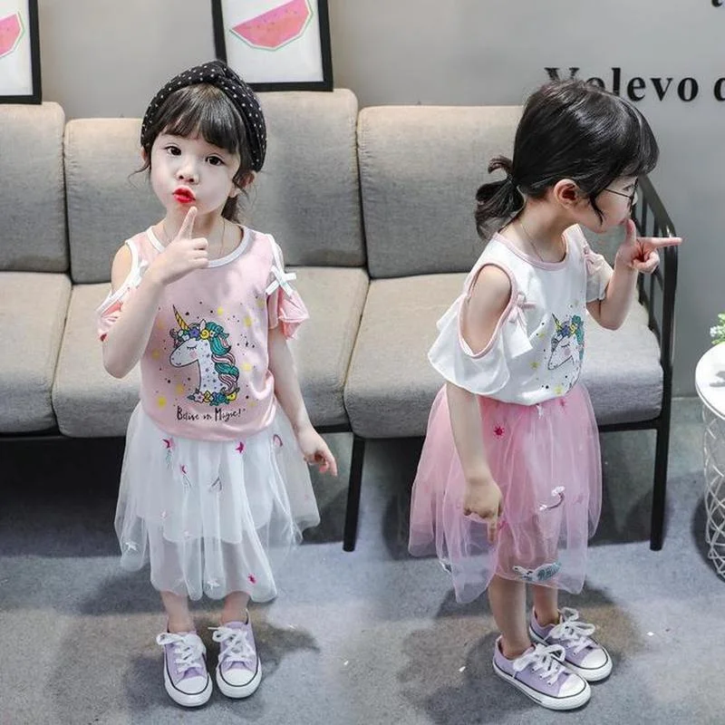 

Girl Cute Print Childrens Set White Shoulder Lace Sleeves Animal Fashion Casual Pink Mesh Embroidered Skirt Two Piece Suit
