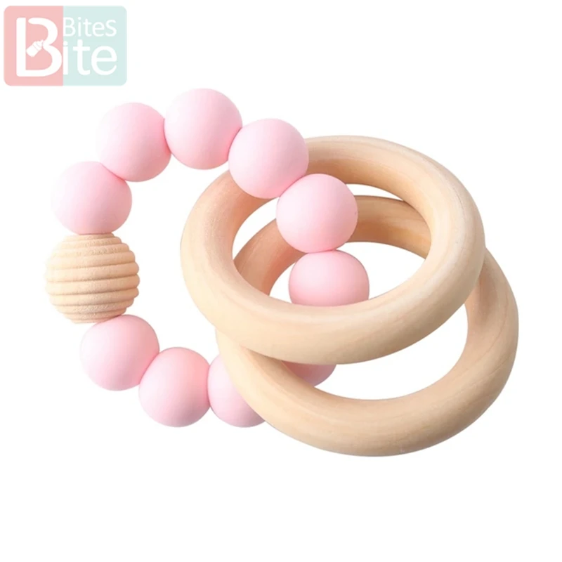 Candy Pink Rattle 1 шт. детский силиконовый Прорезыватель для браслетов младенцев, погремушка, силиконовые бусины с резьбой, браслеты, прорезыватели, ювелирные изделия, деревянные кольца для грызунов - Цвет: Candy Pink Rattle