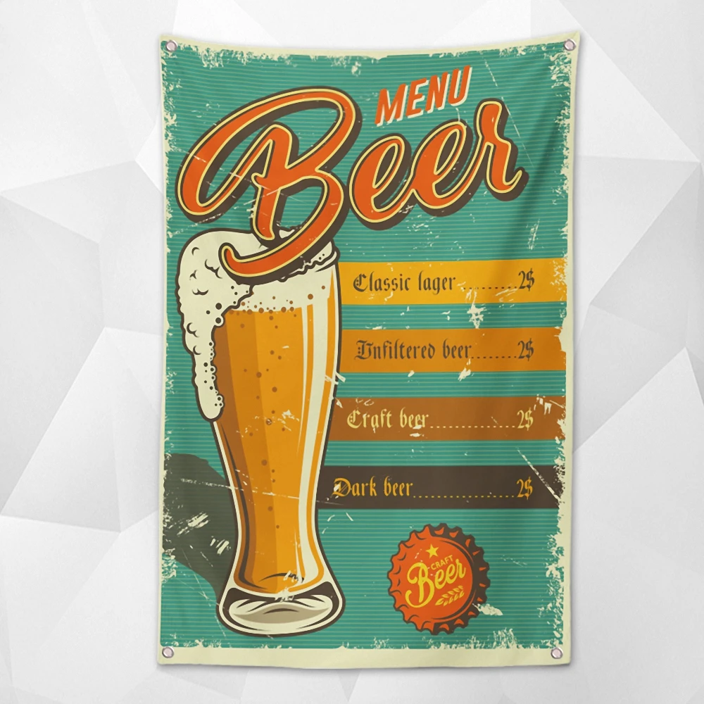 

MENU BEER Nostalgic Retro Hanging Cloth Wall Chart Vintage Beer Day Poster Wallpaper Banner Flag for Beerfest Parties Decoration