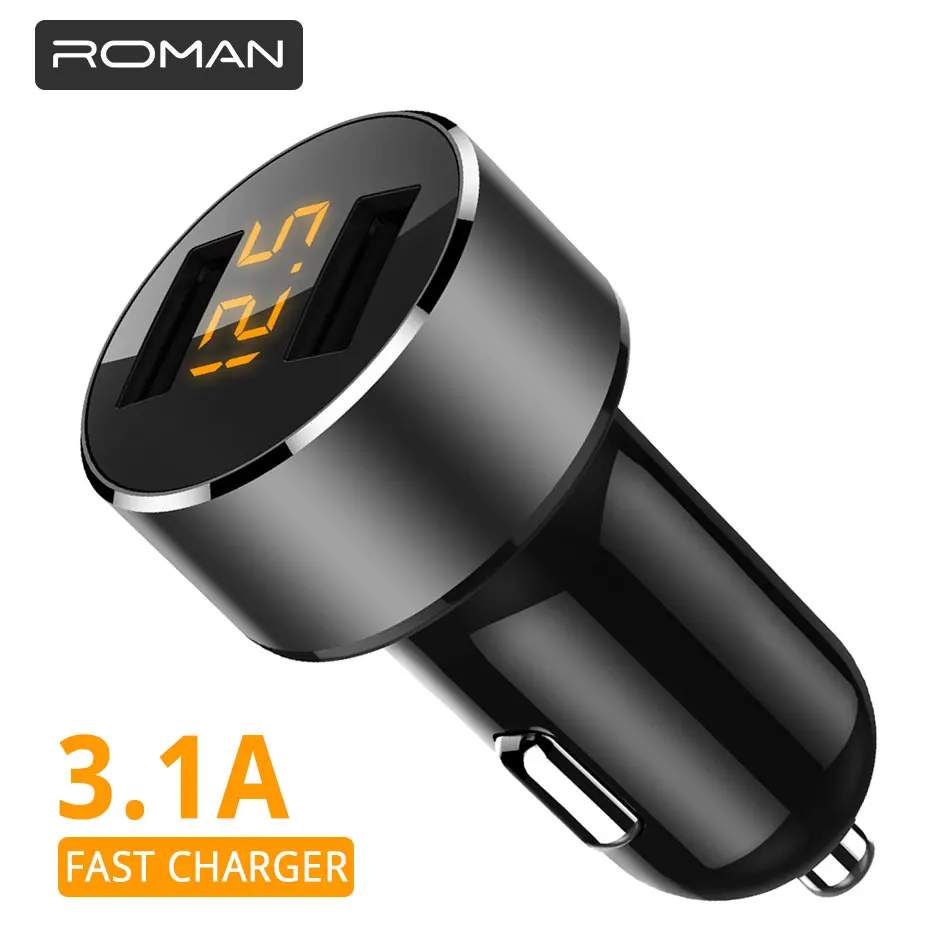 Автомобильное зарядное устройство ROMAN 3.1A 5V с двумя USB портами и светодиодным