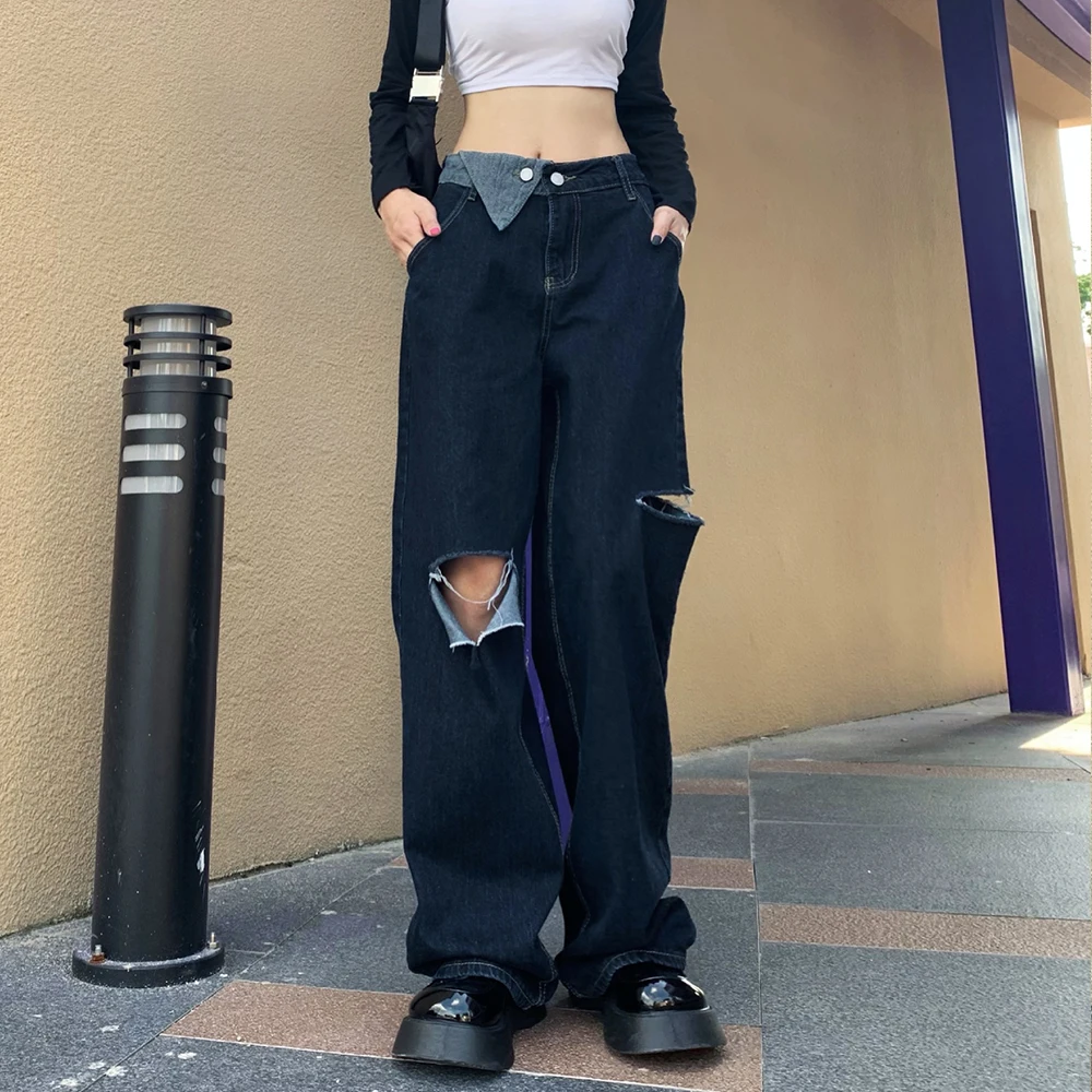 

Wide Leg Opening Ripped Women Jeans Loose Denim Hole Pants Female