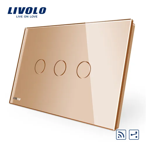 Livolo, переключатель, AU/стандарт США, 3-gang 2-полосная беспроводной пульт дистанционного управления Переключатель 220 V, с украшением в виде кристаллов Стекло Панель, светодиодный индикатор, через крест - Цвет: Gold