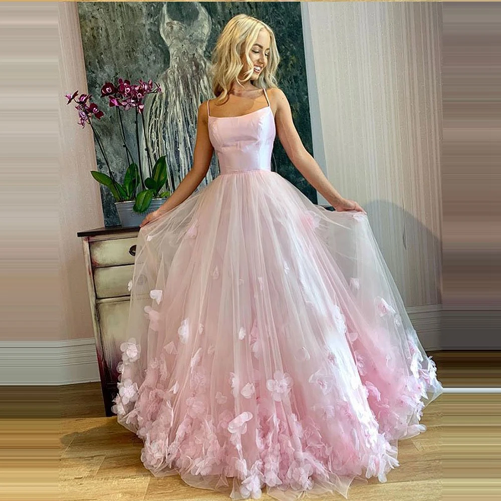 

Prom Dresses 2020 A Line 3D Flowers Lace Tulle Floor Length Evening Gown Pink