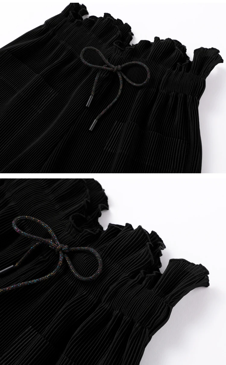 

HOT SELLING Miyake fashion Ruffled Pleated Cropped Pants waist solid Drawstring loose casual wide-leg black pants IN STOCK