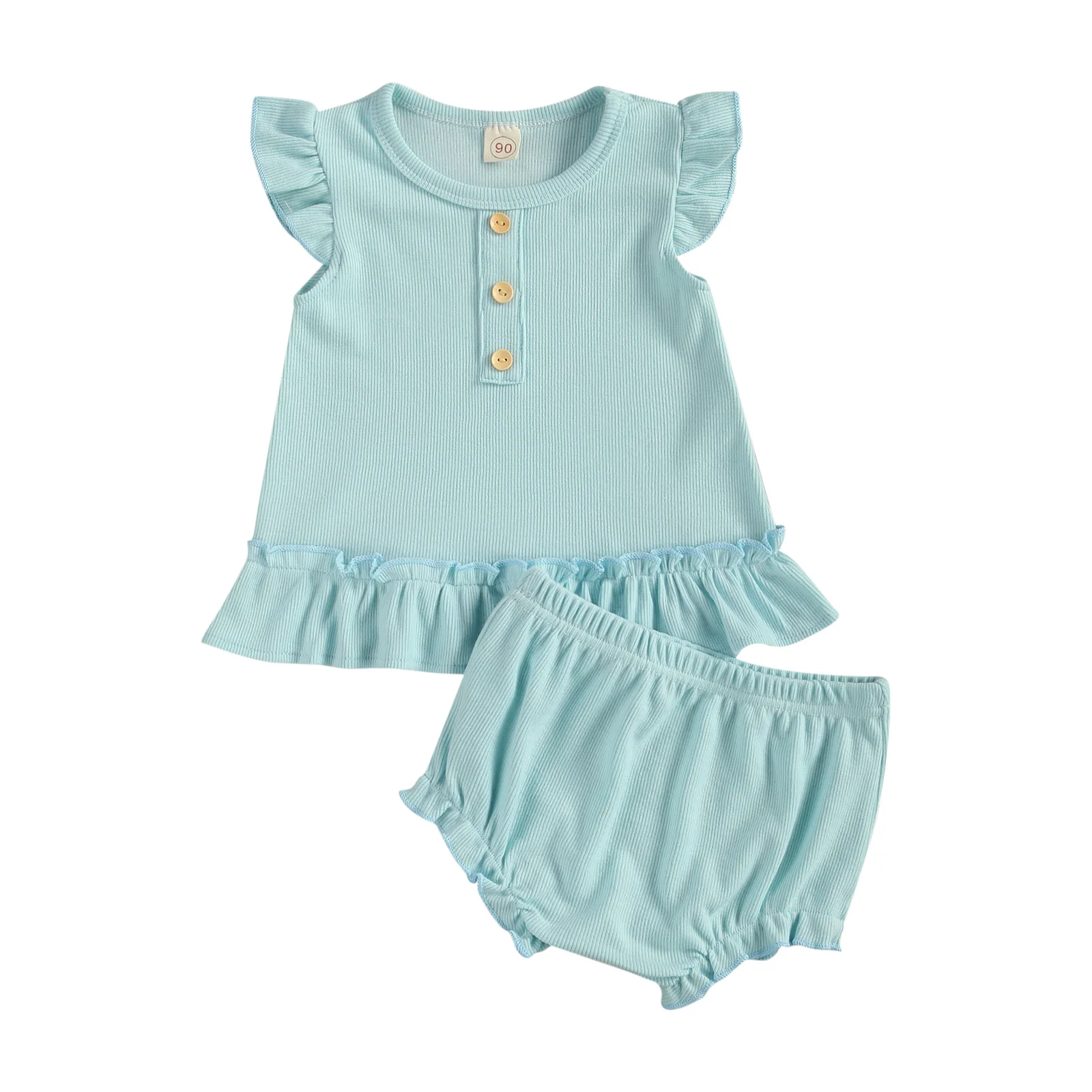 

2021 0-18M Infant Baby Girl Clothing Fresh Solid Color Fly Sleeve Tops Button Vest+Ruffles Triangle Wrapped Short Pants Summer