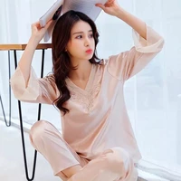 2021 new pajamas womens ice silk thin embroidered long sleeve nightwear 2pcs suit large size silk leisure home wear sleepwear