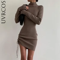 womens high neck long sleeve solid fashion design adjustable drawstring bag hip dress women 2021 autumn and winter new dress