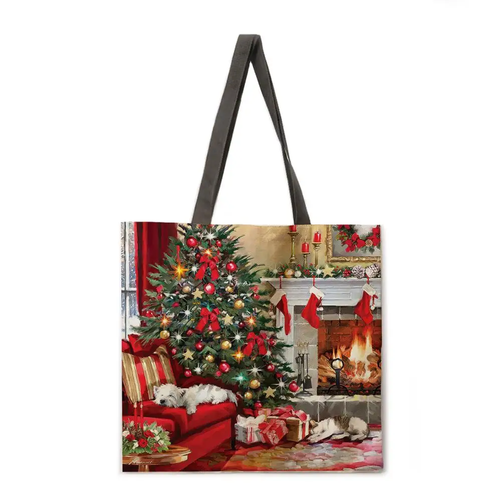 

Shoulder bag ladies dog and Christmas tree print casual tote bag linen fabric tote bag foldable shopping bag reusable beach bag