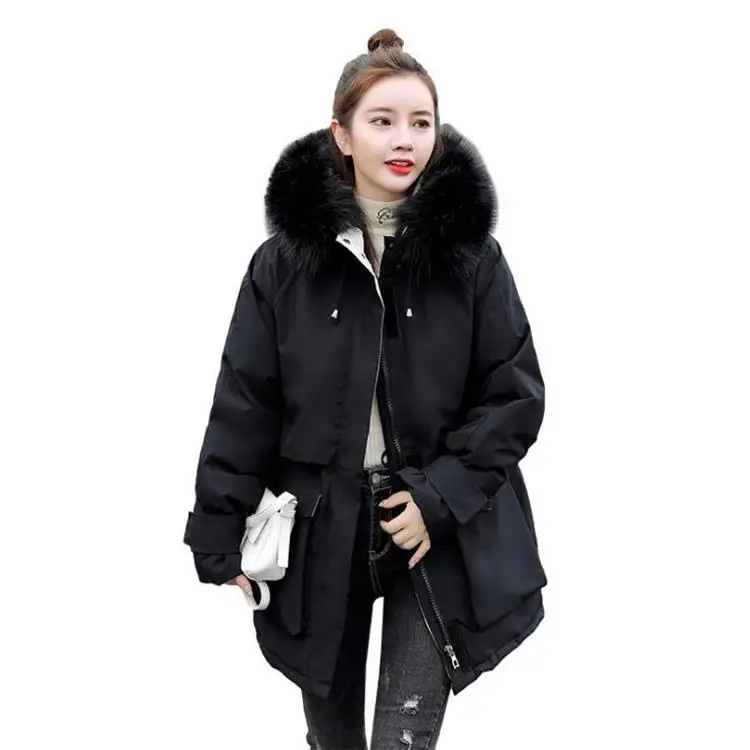 

Winter Warm Cotton Coat Female Casual Hooded Loose Plus Size Jacket Hooded with Fur Collar Women's Cotton-Padded Outerwear