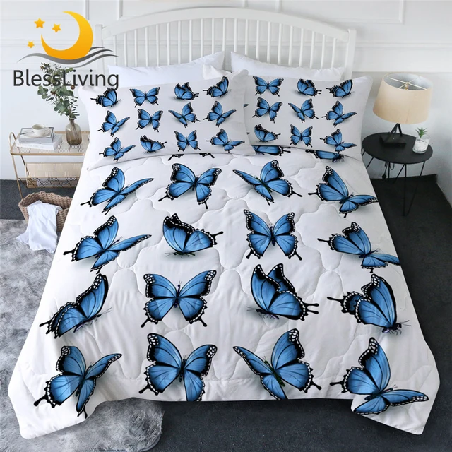 BlessLiving Butterfly Quilt Set Black Spot Butterfly Bedding Set Blue Air Conditioning Cover Set Modern Bed Cover Home Decor 1