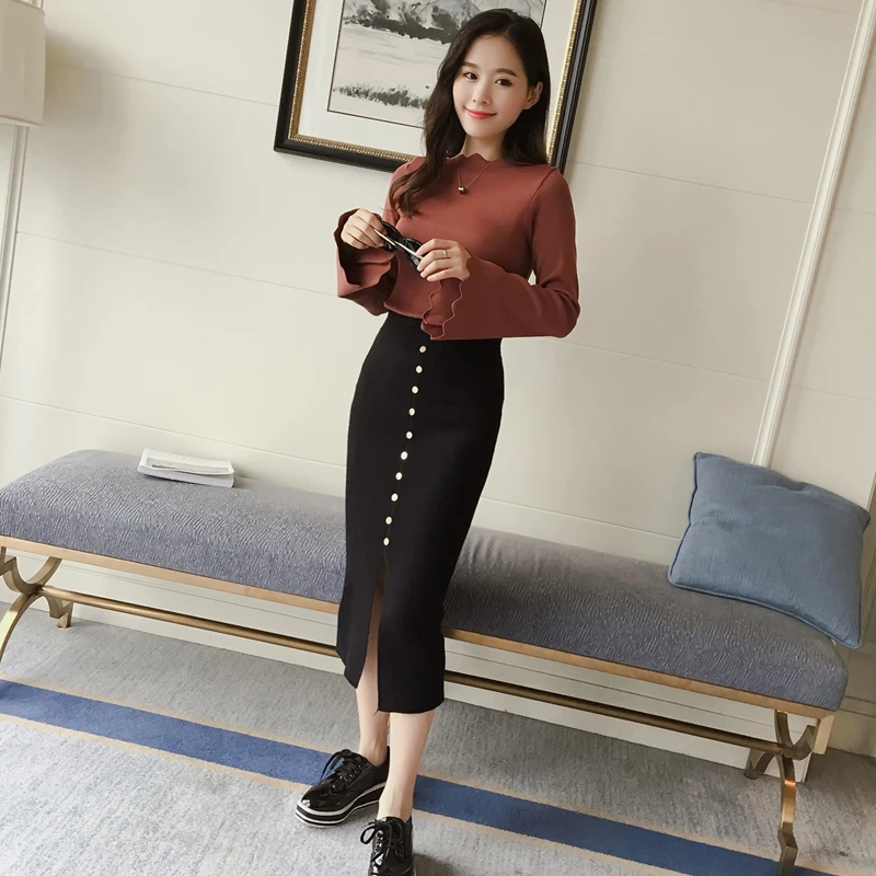 Женские юбки весна осень трикотажная однобортная высокая Талия Bodycon щелевая