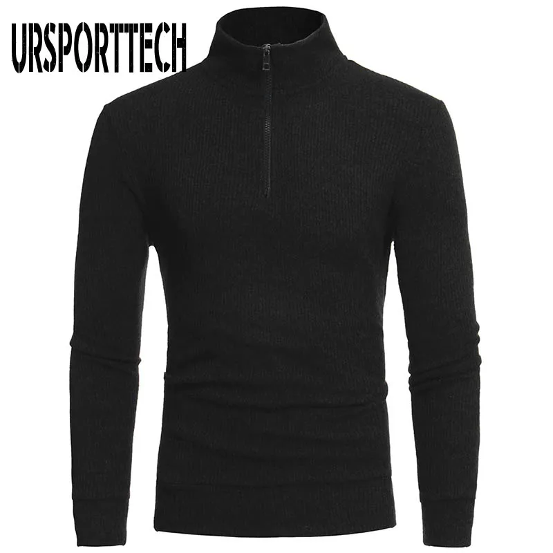 Черный URSPORTTECH, хлопковый свитер, Мужской пуловер, Повседневные вязаные свитера, куртка, пуловер, половина молнии, водолазка, трикотаж, пальто с воротником поло - Цвет: Черный