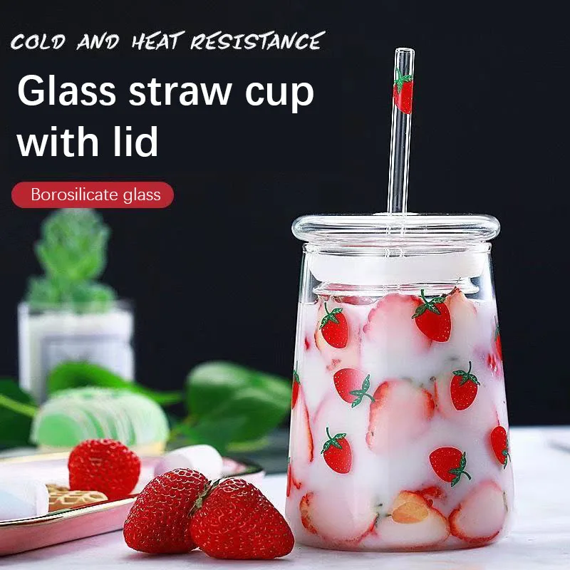 

600ml Strawberry Water Bottle with Straw Large Capacity Heat-resistant Cup with Lid Glass Bottle Water Bottle Cute Water Bottle