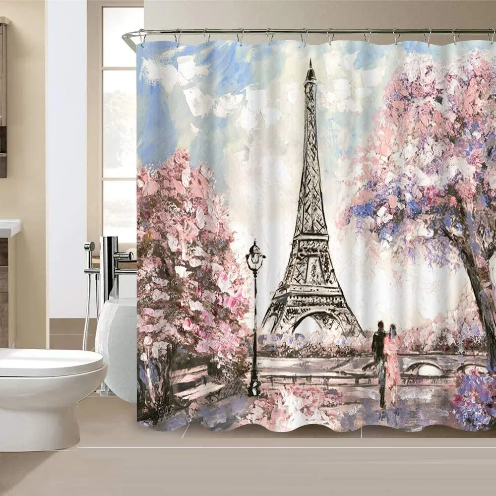 

Oil Painting Paris Tower Bathroom Shower Curtain Romantic Lover Pink Flower Polyester Fabric Bathroom Curtain Home Decor Curtain