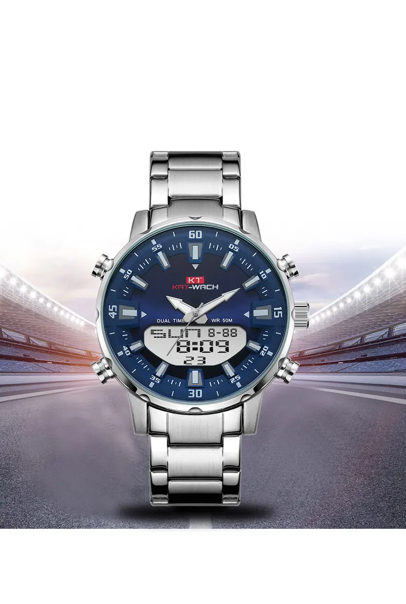 KT New Mens Watches with Stainless Steel Dual Display Waterproof 3D Dial Analog Digital Chronograph Male Sport Style KT1815