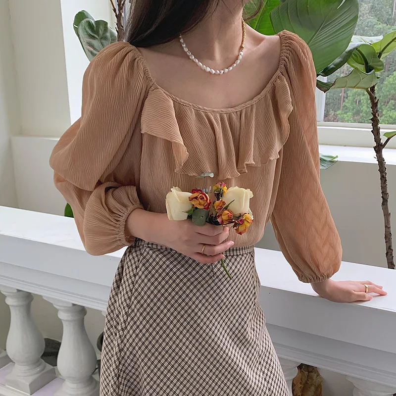 

Short Shirt Womens Long Sleeve Beige Blouse Ruffled Square Neck Korean Style Texture Tops Female Clothes New Arrival 2021 Blouse