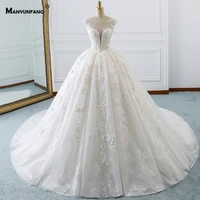high end cap sleeve chapel train lace up back bridal ball gown 100 real o neck embroidery appliques tulle 3d wedding dress