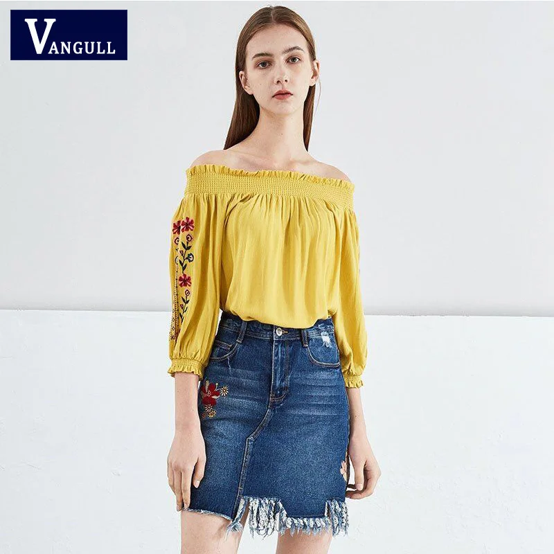 Женская блузка Vangull с вышивкой открытыми плечами длинным рукавом цветочным