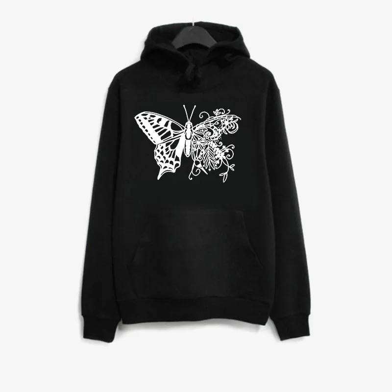 

White Butterfly Printed Hoodies Women Fleece Long Sleeve Loose Sweatshirt with Hat Girls Women Hoodie Pullovers Winter