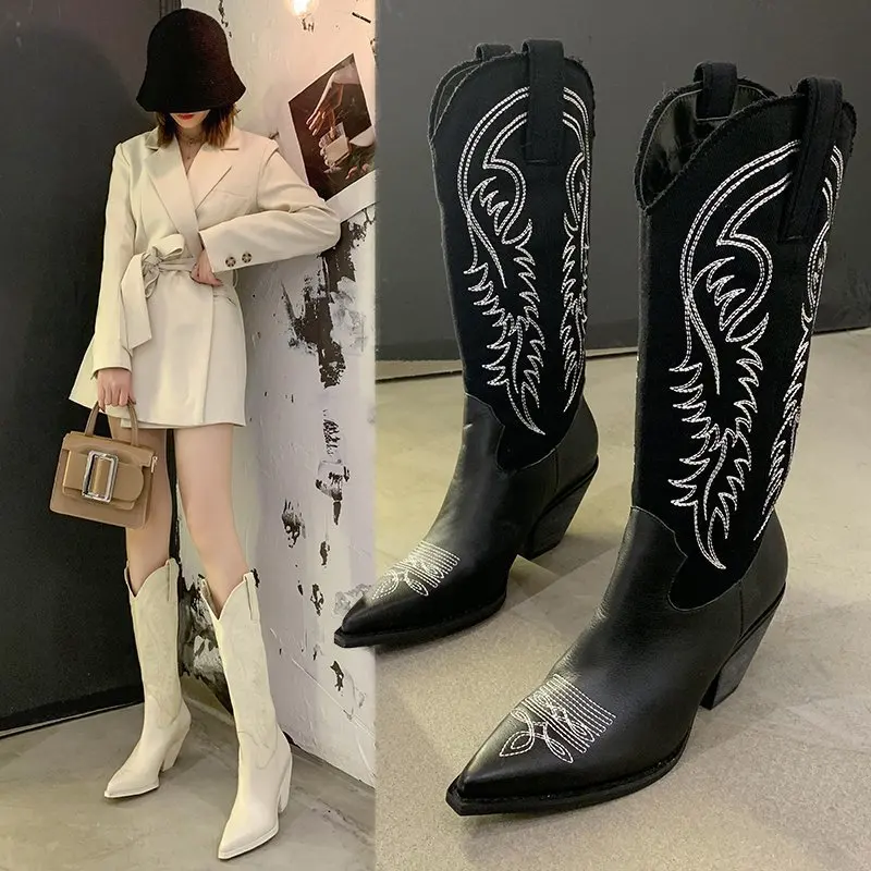 

Kendou same white cowboy boots retro net red thin pointed high barrel Knight boots thick heel boots women's knee length
