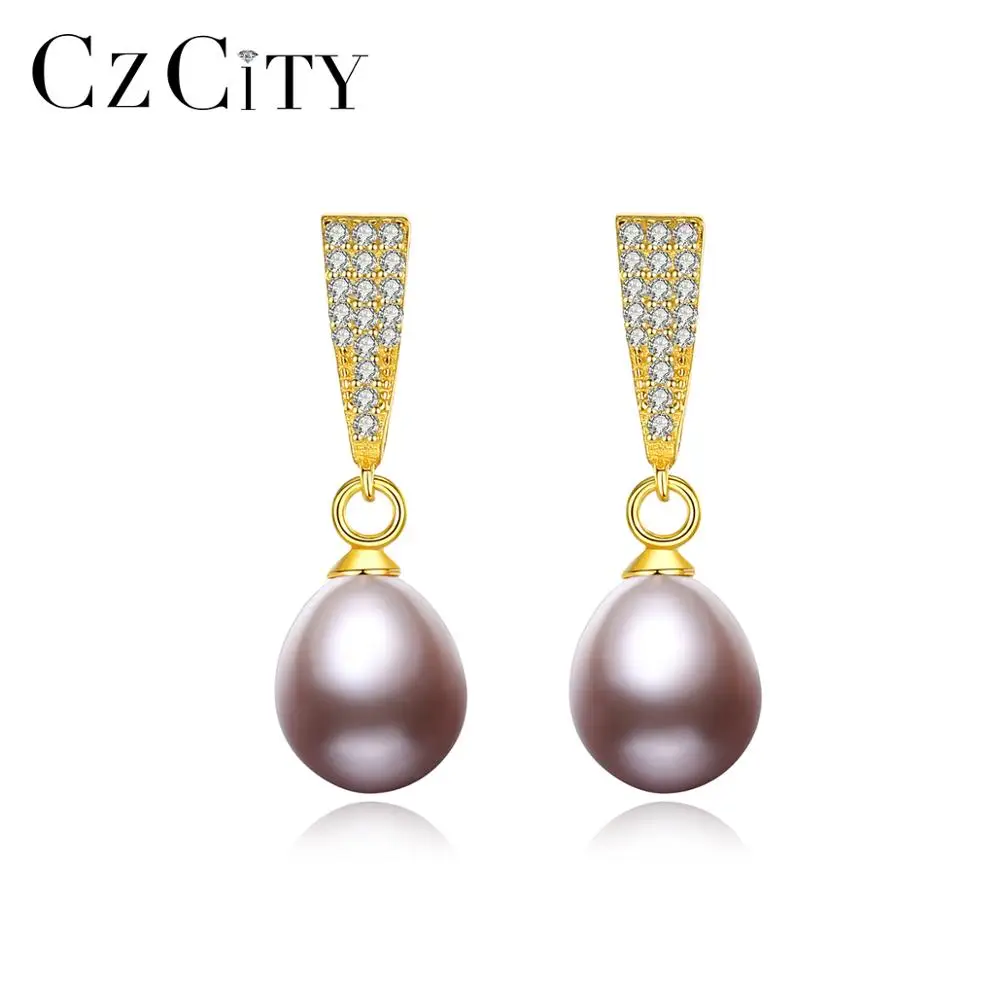 

CZCITY White Pink Purple Natural Pearls Drop Earrings for Women Girls Wedding Dating 925 Sterling Silver Fine Jewelry FE-0215