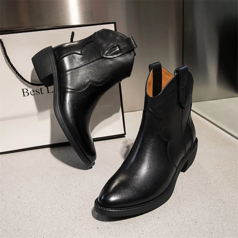 

ANNYMOLI Natural Genuine Leather Mid Heel Ankle Boots Western Boots Women Shoes Thick Heels Slip On Short Boots Autumn Black 40