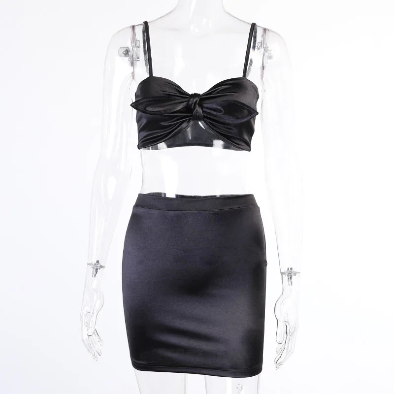 

New ladies suspender skirt two-piece satin top matching suit 2021 summer women's sexy suit birthday party club hip skirt