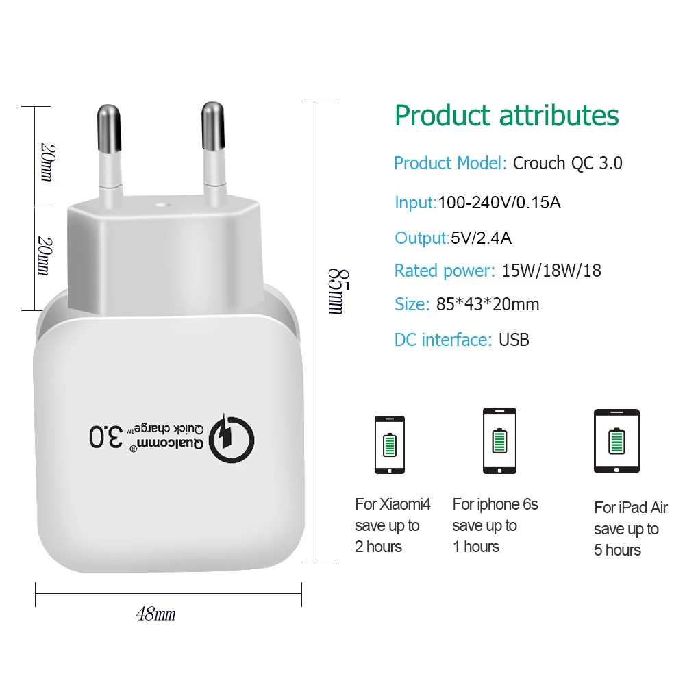 Сетевое зарядное устройство AIREACH с вилкой Стандарта ЕС и США QC 3 0 5 В/9 В/12 В 18 Вт 1