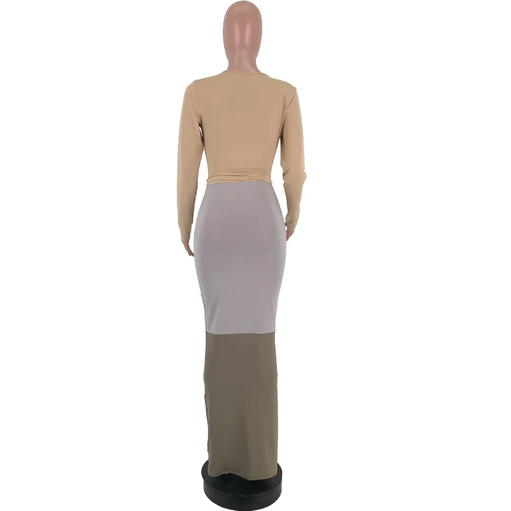 

Contrast Color Front Cut Out Sexy Long Dress Women O Neck Long Sleeve Skinny Party Dress Plus Size High Waist Belt Bandage Dress
