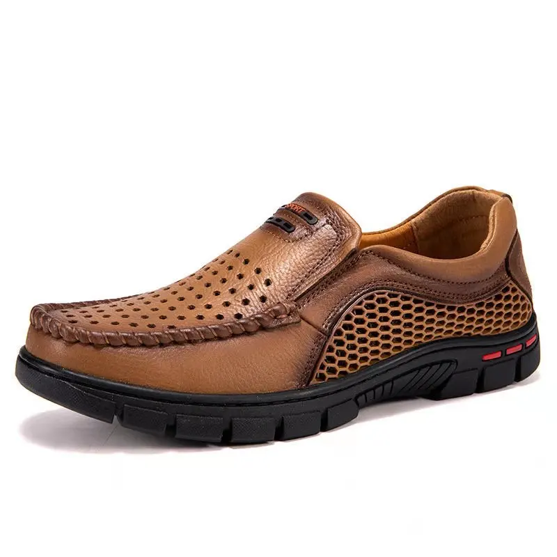 

Summer hollow leather shoes men's leather breathable leisure deodorant dad shoes soft sole one foot sweat hole shoes leather san