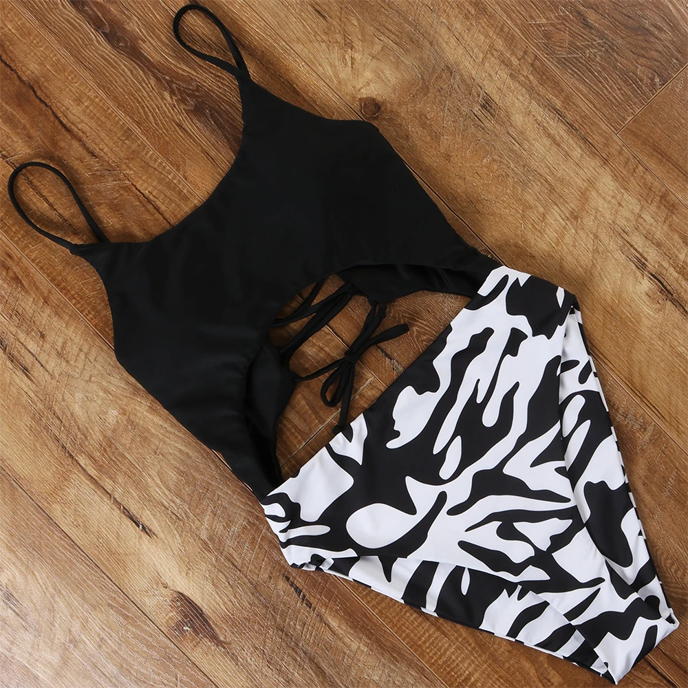 Цельный бикини 2020 Леопардовый купальник женское с высокой талией бандажный