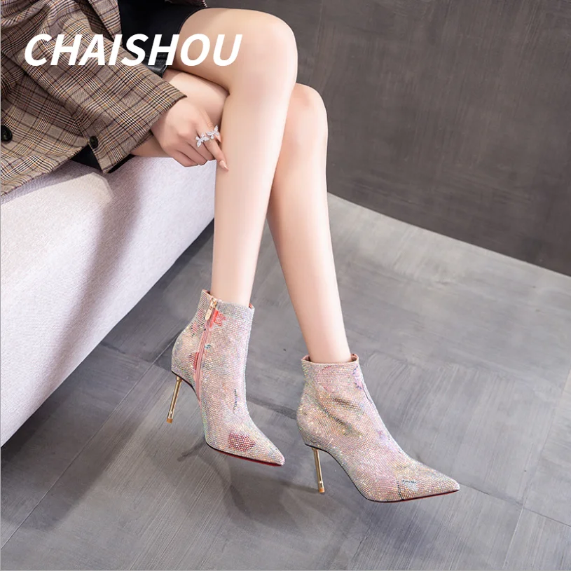 QZ99 Winter Boots Women Mixed Colors High Heel Plush Ankle Boots 2021 New Sexy Side Zip Thin Heel Rhinestone Modern Botas Mujer