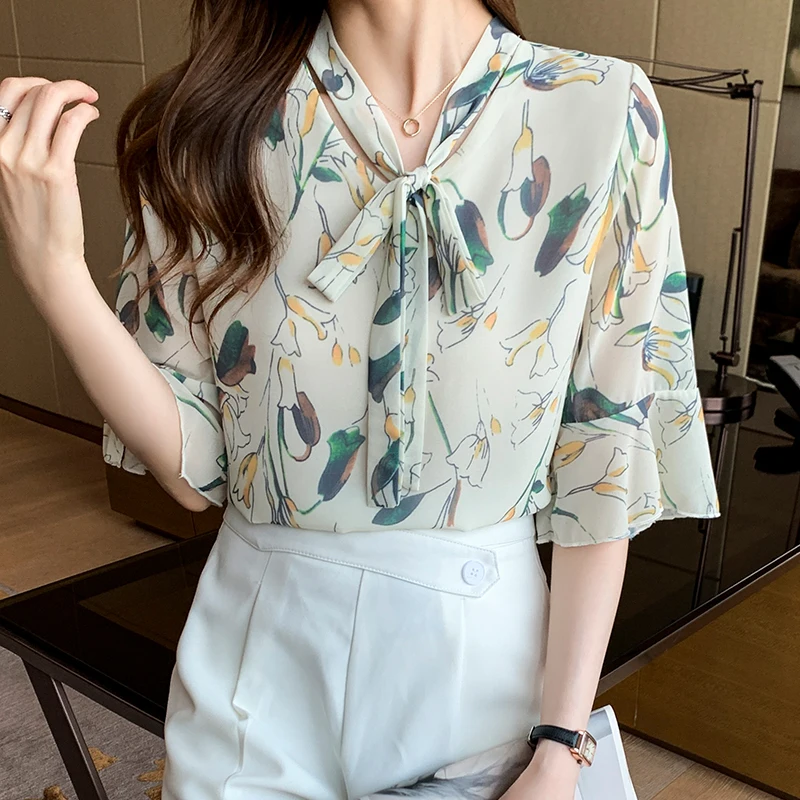 

Bow tie tie chiffon shirt 2021 new summer Korean version loose belly chiffon shirt top