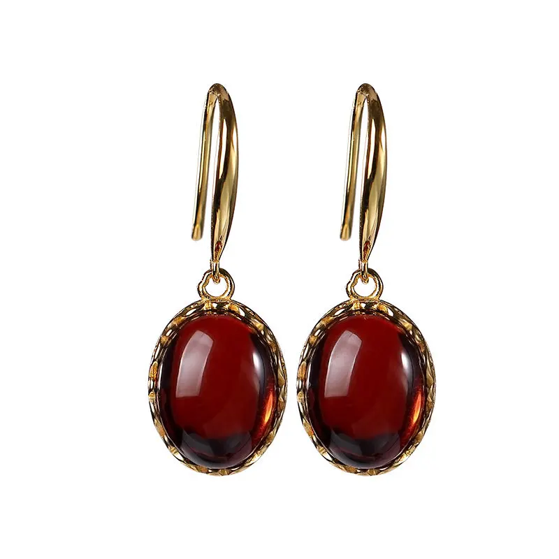

S925 sterling silver gold plated Natural blood amber Eardrops Personality Light luxury Hollow out Ladies Ear hook Earrings
