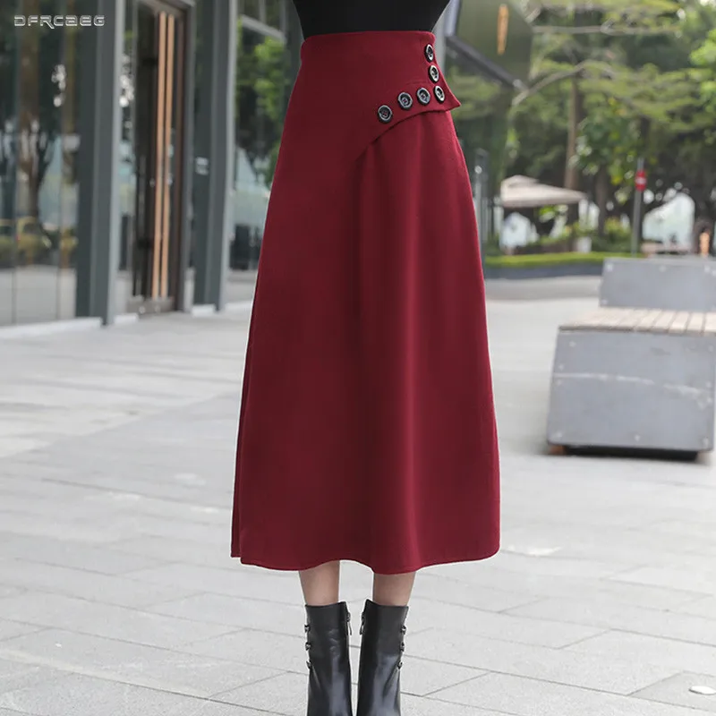 Женская теплая шерстяная длинная юбка с высокой талией и пуговицами модная