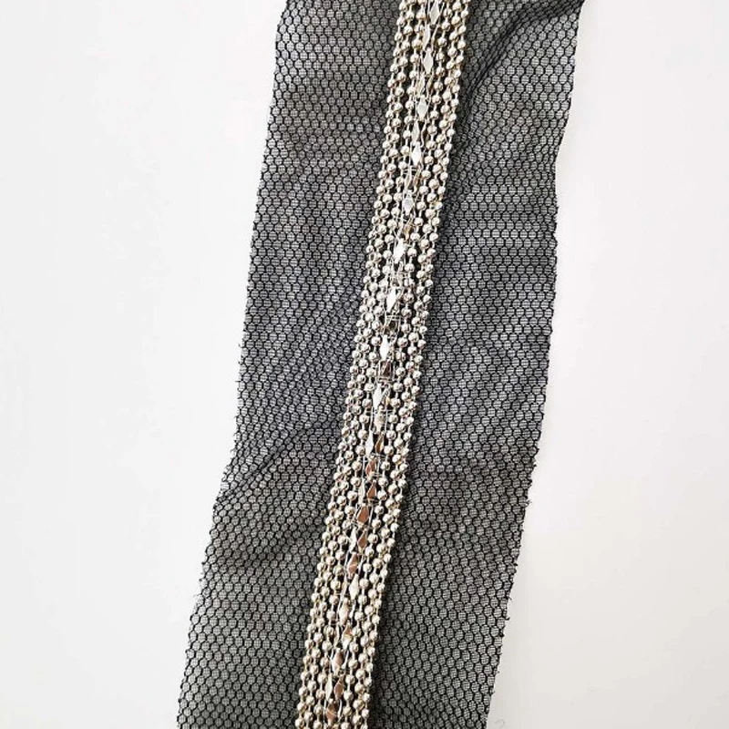 

5y Silver Beaded Chain Lace Trim Beading Fringe Applique Mesh Fabric Ribbon For Wedding Dress Clothing Collar Sewing Accessories