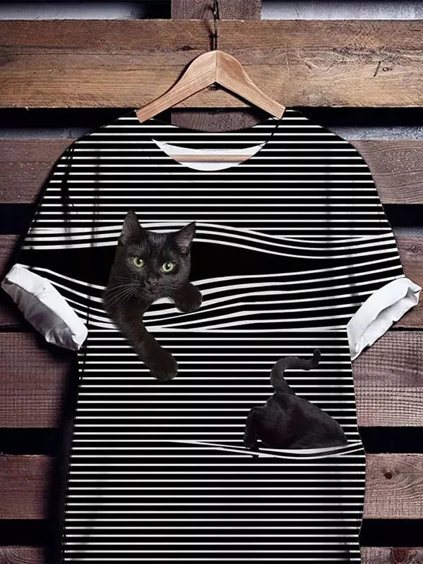 

Summer Tops Women T Shirt Cat Striped Printed T Shirts Casual Female Clothing Fashion Short Sleeves T-shirt Black Camisas Mujer