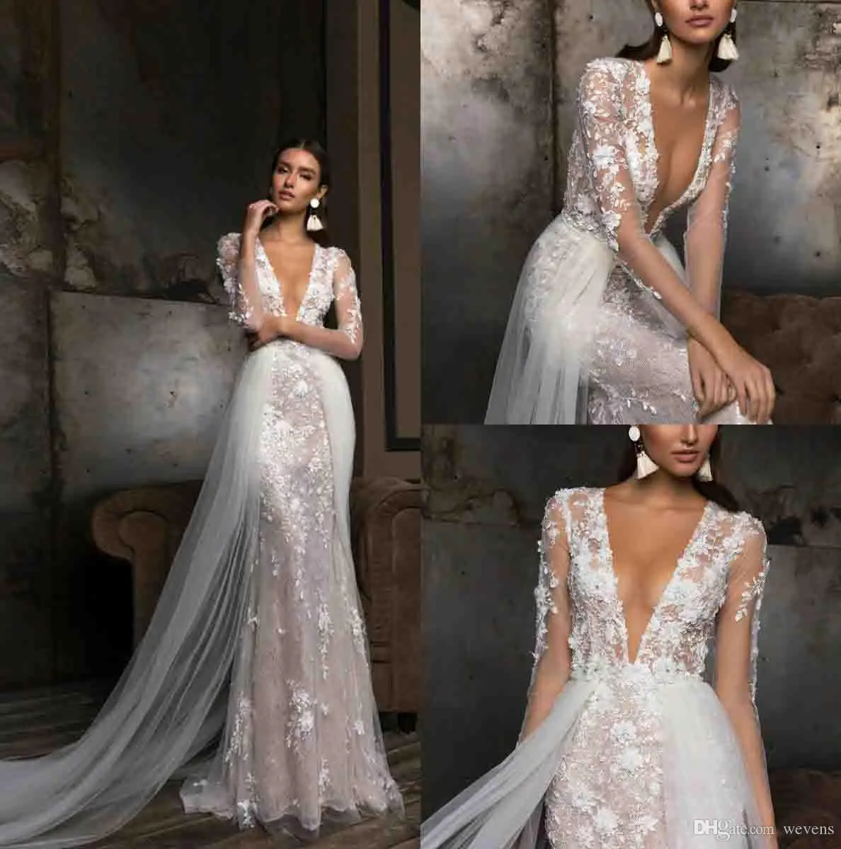 

Beach Mermaid Wedding Dresses With Detachable Train 2022 V Neck Long Sleeve Bridal Gowns Lace Appliqued Wedding Dress Vestidos