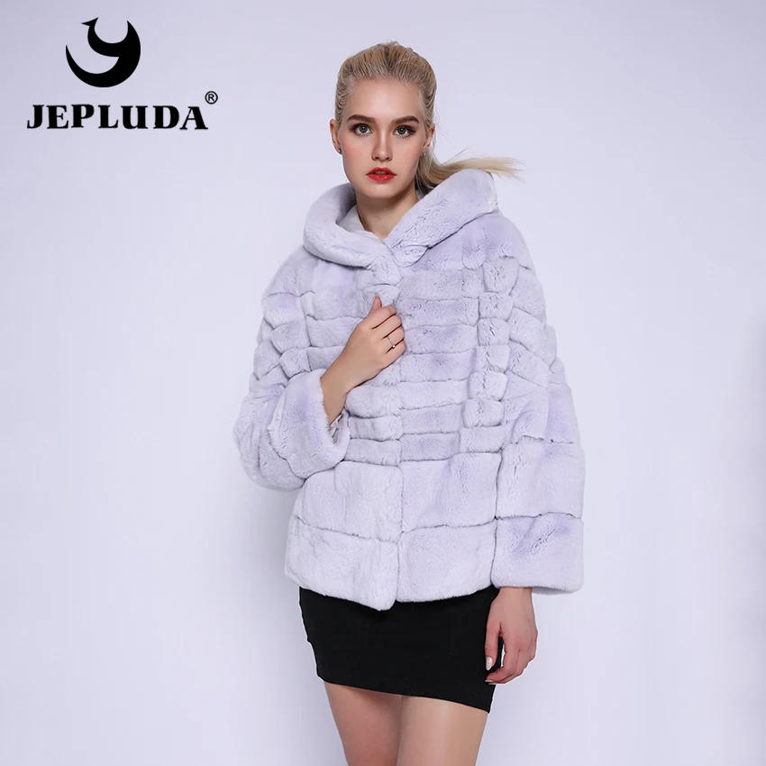JEPLUDA Свободная Стильная Шуба Натуральный Мех Кролик Рекс Для Женщин Короткий