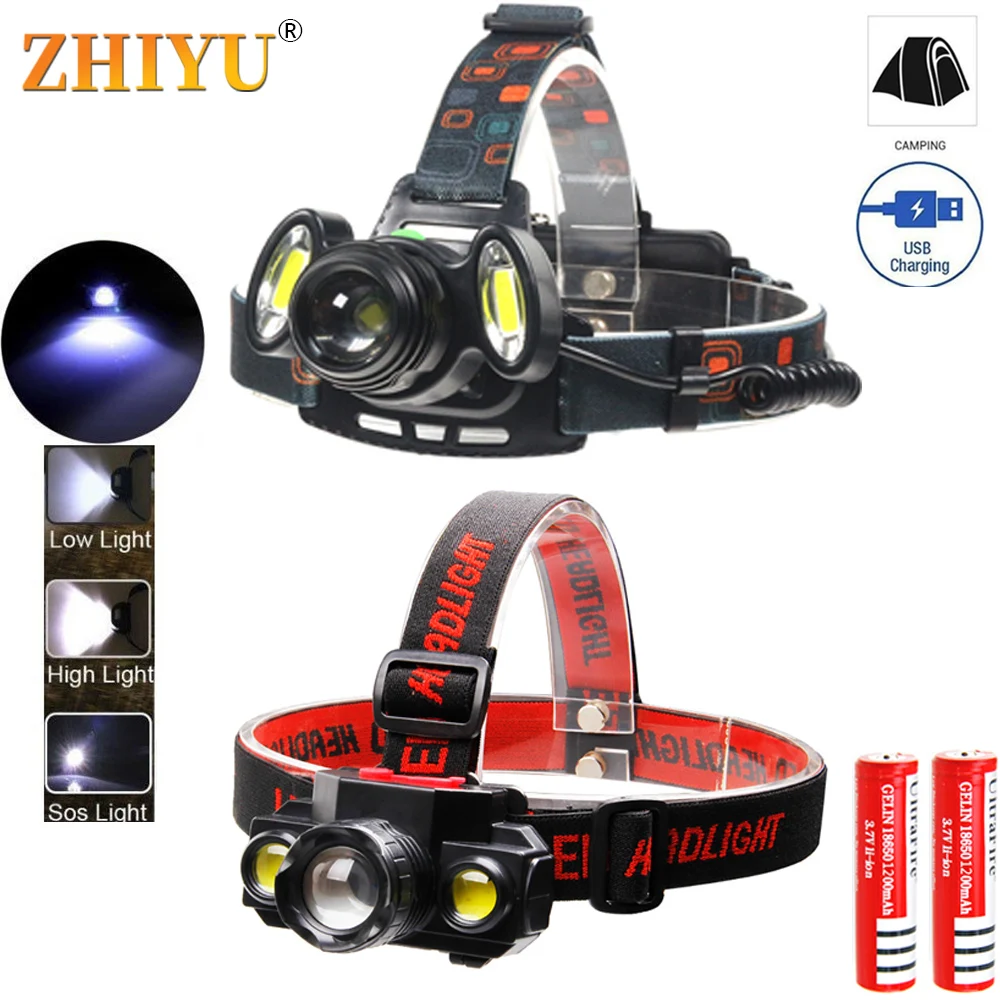 

T6 2COB 3LED Portable Headlight Camping Fishing Headlight Zoom Adjustable Light 4 Modes18650 Strong Light USB Charging Headlight