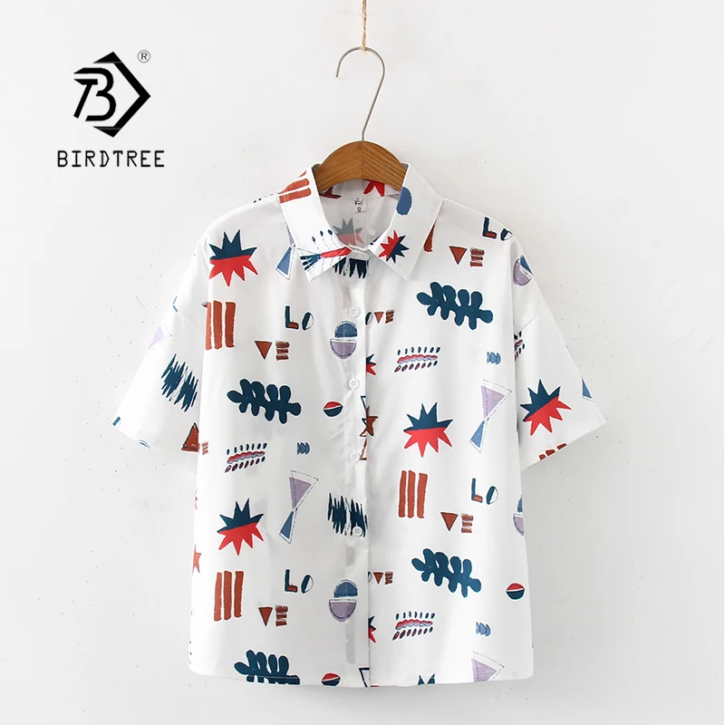 

Женская блузка с короткими рукавами, винтажная белая блузка на пуговицах, с мультяшным принтом, большие размеры, T04905F, лето 2019