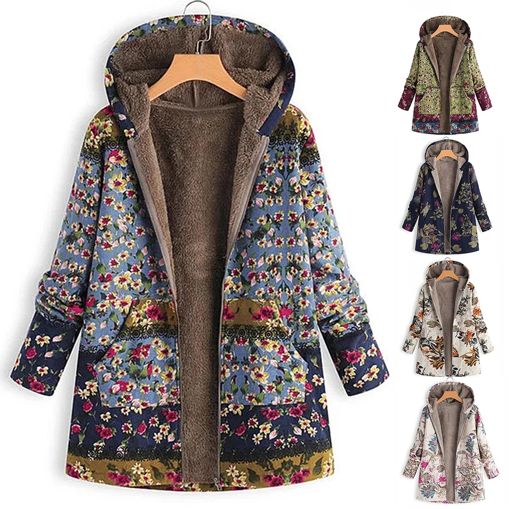 Women Winter Warm Outwear Floral Print Long Sleeve Hooded Coats Vintage Fluffy Fleece Zipper Coat Loose Female Pocket Jacket