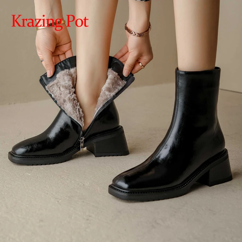

Krazing pot genuine leather square toe high heels snow boots young lady streetwear winter keep warm fashion cozy ankle boots L68