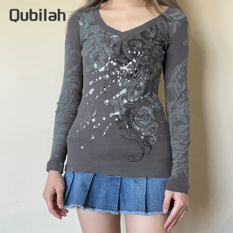 

Y2k, топы, женская одежда, уличная одежда с V-образным вырезом, модная винтажная Повседневная облегающая футболка с длинным рукавом, весна-осе...