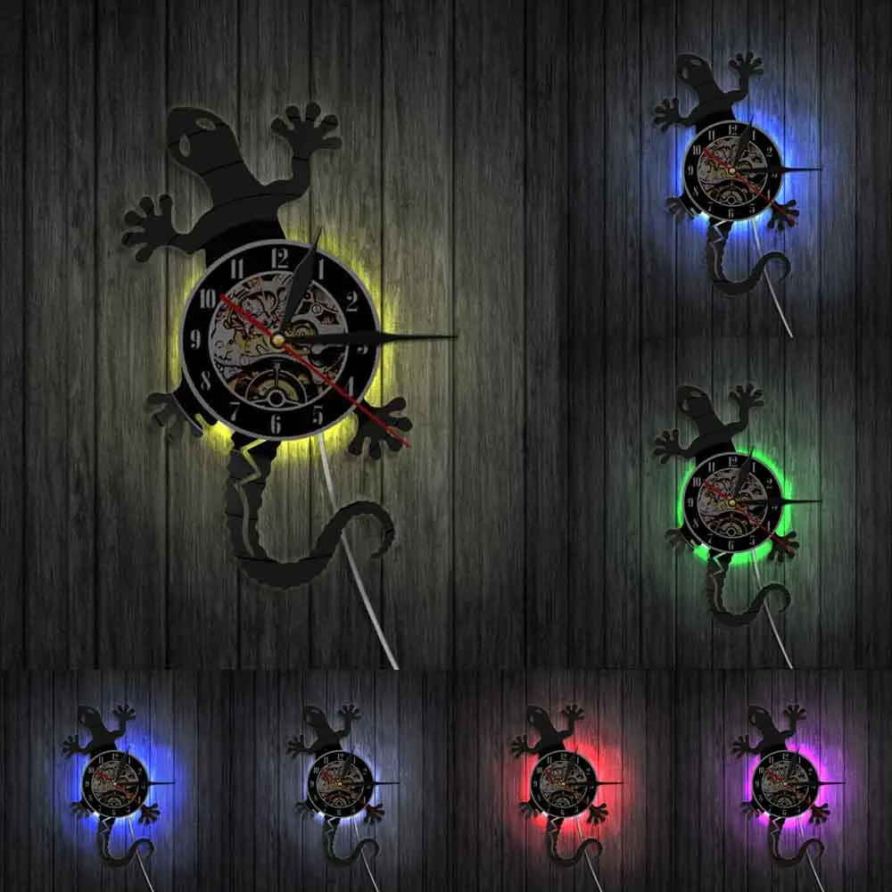 Antique Nature Art Zoology Lizard Wall Clock Safari Gecko Vinyl Record Silhouette Wildlife Animal Icon Vintage | Дом и сад