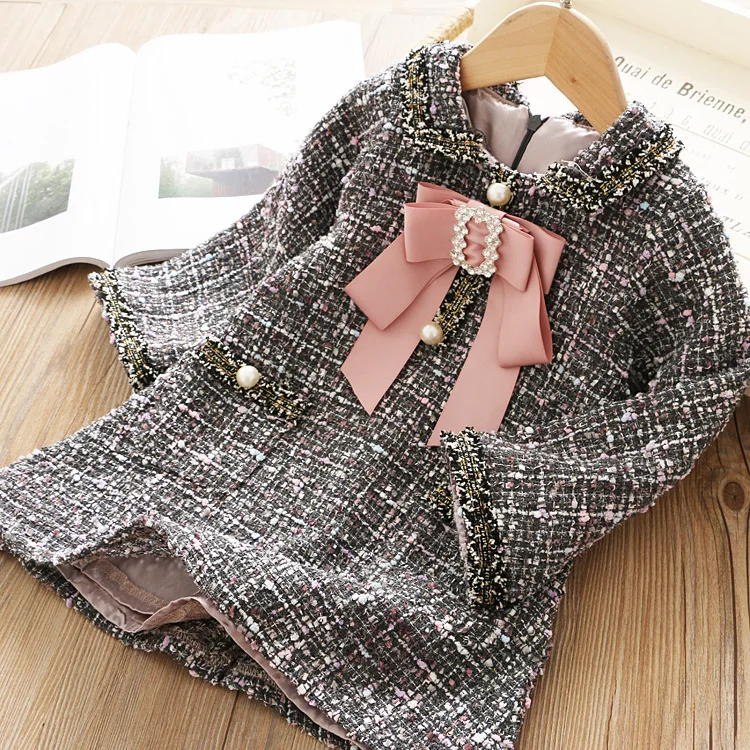 

Woolen Colorful Girls elegant Dress Kids Princess lattice Dresses kid toddler Girls Full Sleeve Dress Kids Clothes